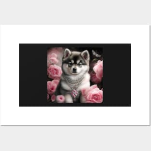 Pomsky With Roses Posters and Art